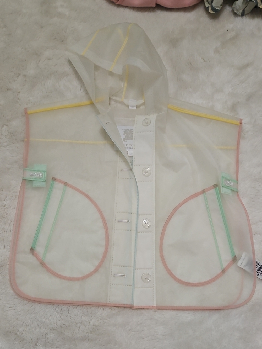 Burberry Clear Kids Hooded Rain Cape with Pastel Pink, Yellow and Mint Trim